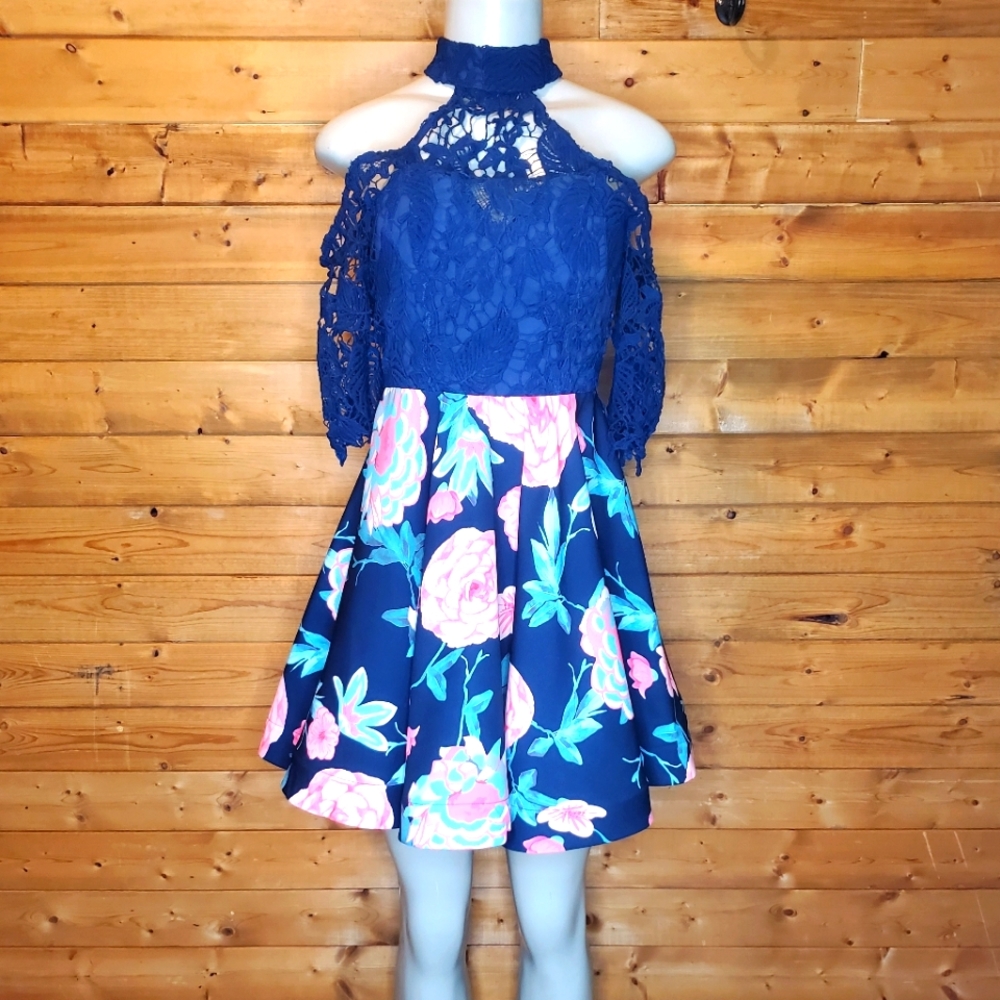 ❤ New SOLARIS STYLE Lace cold shoulder back zipper navy blue & pink dres…
